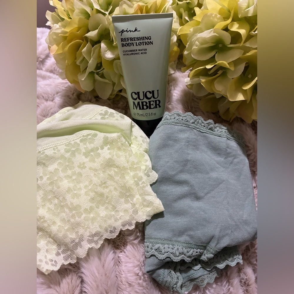 💚3 pcs • panties & cucumber lotion •  Lace • cheeky   Green •  lime • hip hugger